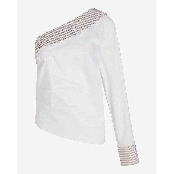 Express Women's Poplin Striped Collar One Shoulder Draped Top Size XL - NWT $68 - Picture 4 of 16